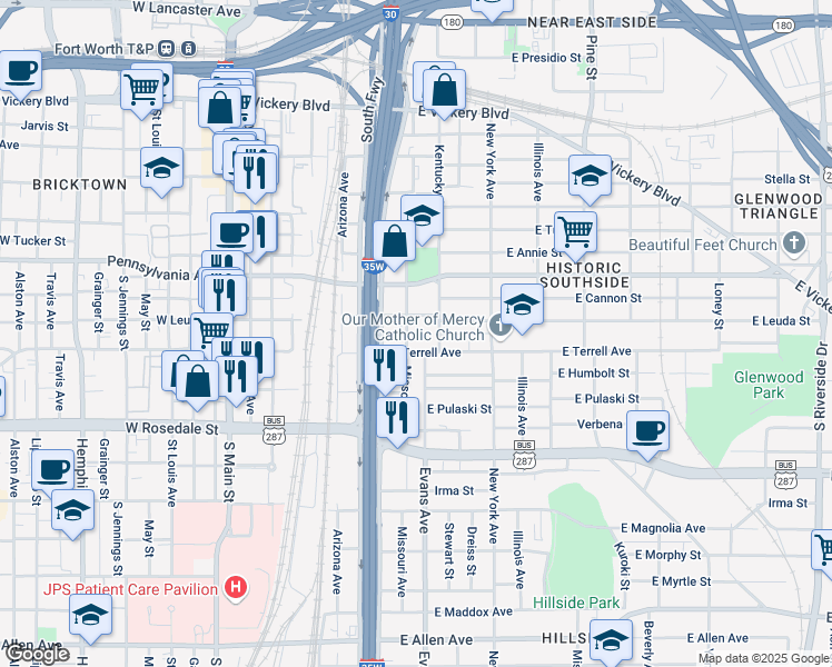 map of restaurants, bars, coffee shops, grocery stores, and more near 813 Missouri Avenue in Fort Worth