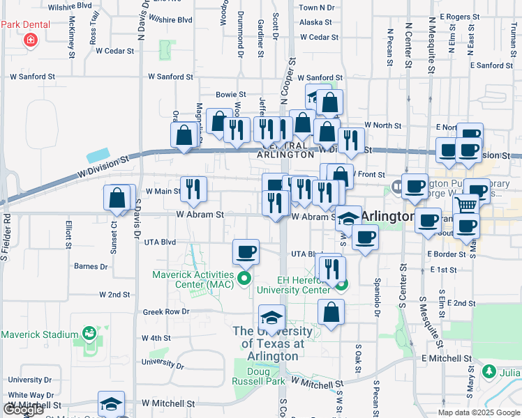 map of restaurants, bars, coffee shops, grocery stores, and more near 715 West Abram Street in Arlington
