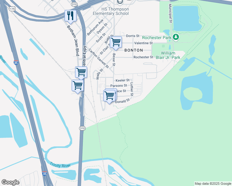 map of restaurants, bars, coffee shops, grocery stores, and more near 6722 Bexar Street in Dallas