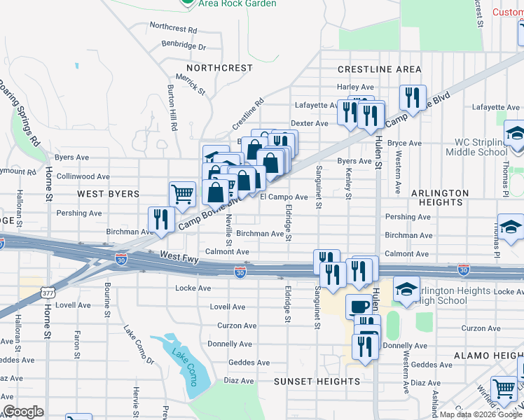 map of restaurants, bars, coffee shops, grocery stores, and more near 4936 Pershing Avenue in Fort Worth