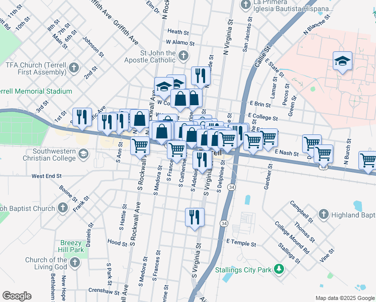 map of restaurants, bars, coffee shops, grocery stores, and more near 108 South Catherine Street in Terrell