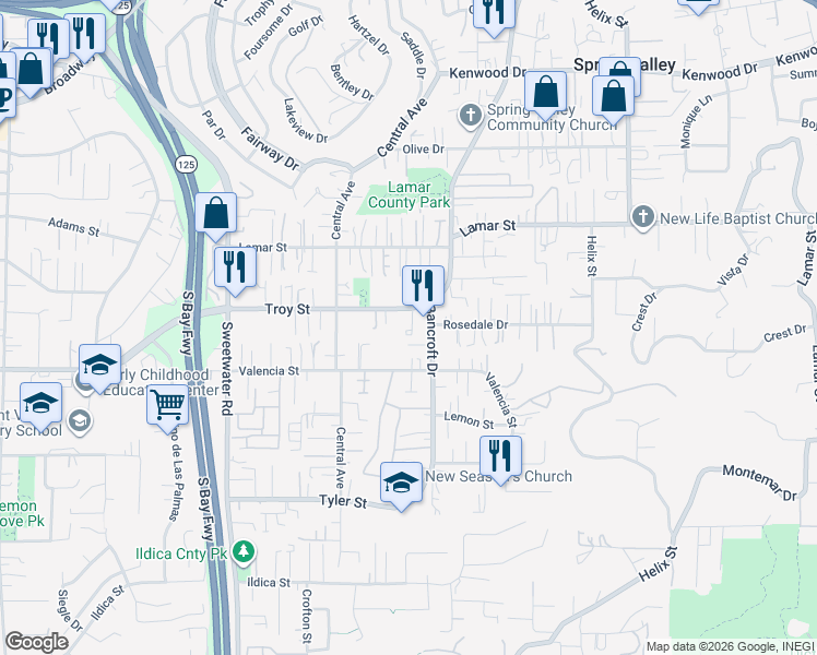 map of restaurants, bars, coffee shops, grocery stores, and more near 8939 Troy Street in Spring Valley