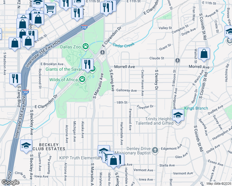 map of restaurants, bars, coffee shops, grocery stores, and more near 1102 South Ewing Avenue in Dallas