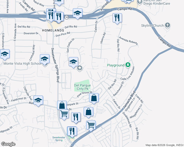 map of restaurants, bars, coffee shops, grocery stores, and more near 3119 Villa Colina in Spring Valley