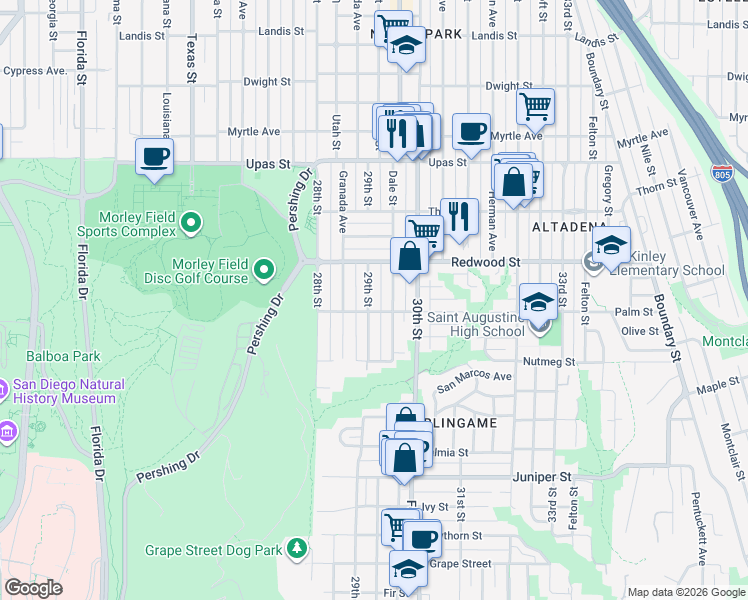 map of restaurants, bars, coffee shops, grocery stores, and more near 2914 Dale Street in San Diego