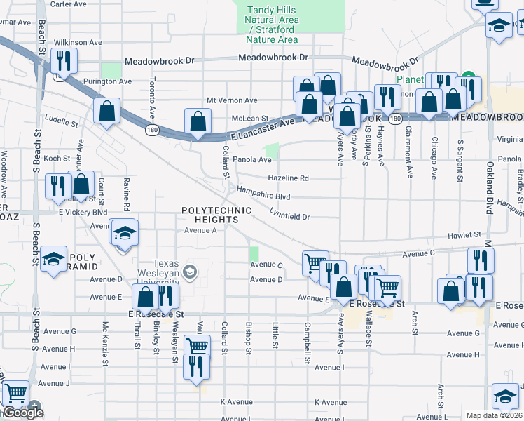 map of restaurants, bars, coffee shops, grocery stores, and more near 3404 Lynnfield Drive in Fort Worth