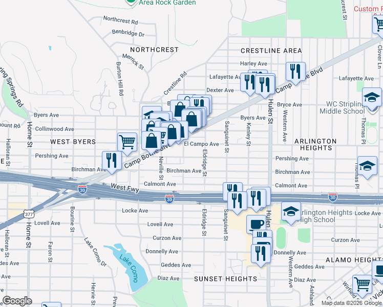map of restaurants, bars, coffee shops, grocery stores, and more near 4936 Pershing Avenue in Fort Worth