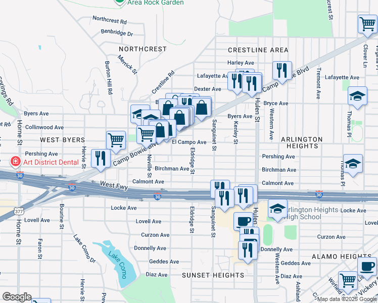 map of restaurants, bars, coffee shops, grocery stores, and more near 4904 Pershing Avenue in Fort Worth