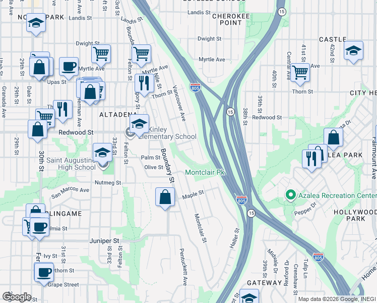 map of restaurants, bars, coffee shops, grocery stores, and more near 2938 Vancouver Avenue in San Diego