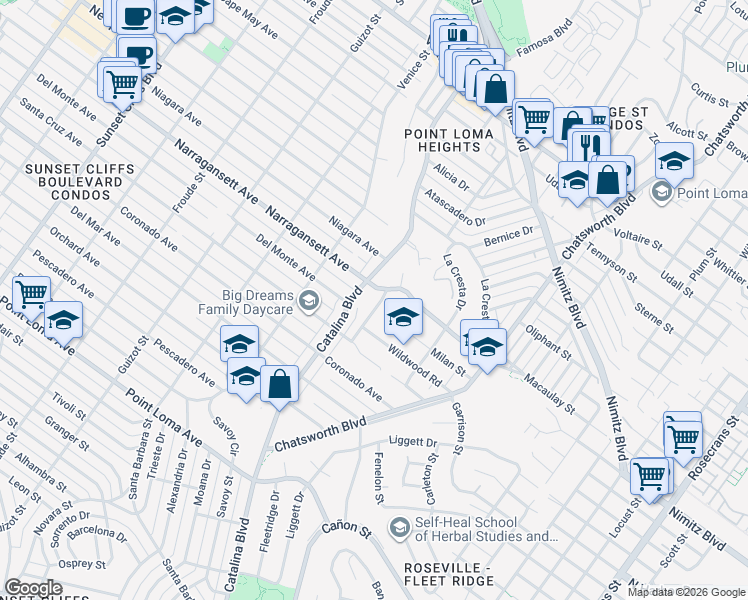 map of restaurants, bars, coffee shops, grocery stores, and more near 1784 Redondo St in San Diego