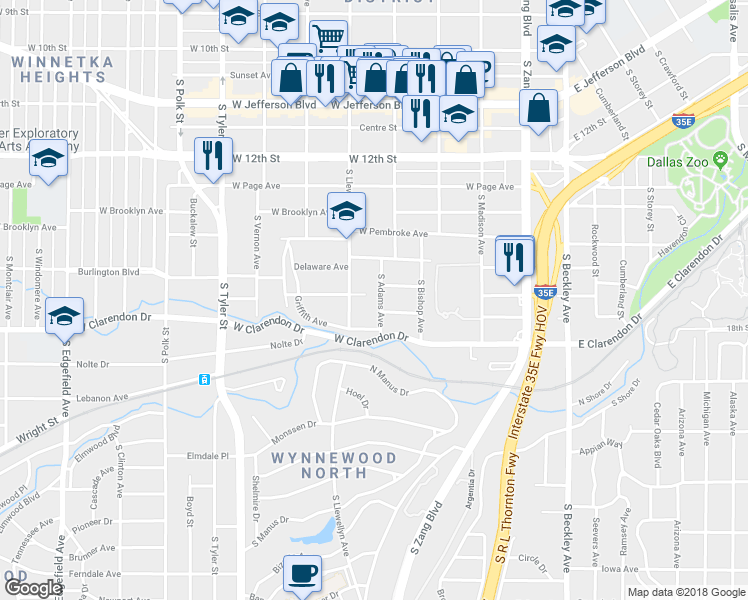 map of restaurants, bars, coffee shops, grocery stores, and more near 1001 South Adams Avenue in Dallas