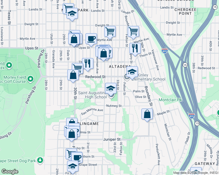 map of restaurants, bars, coffee shops, grocery stores, and more near 2920 Bancroft Street in San Diego