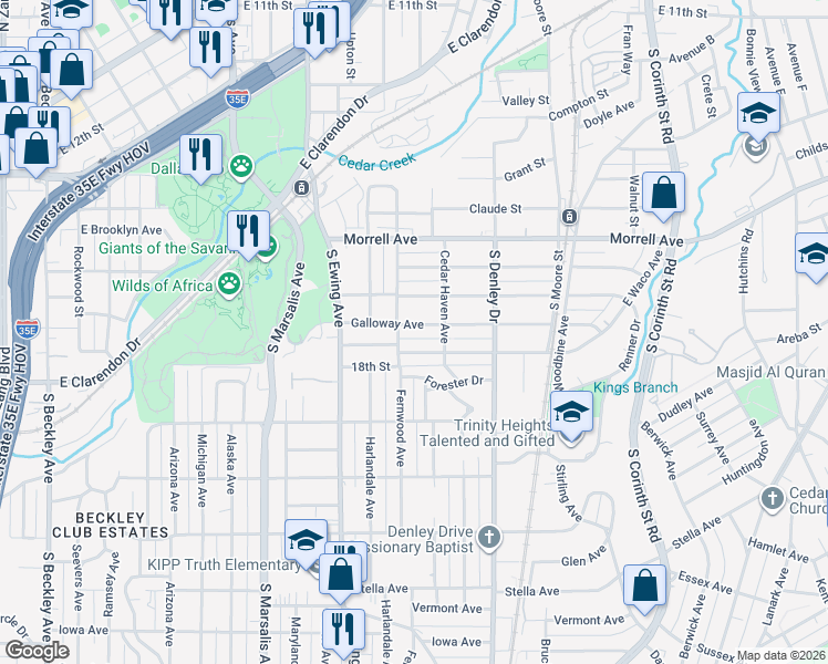 map of restaurants, bars, coffee shops, grocery stores, and more near 1014 Galloway Avenue in Dallas
