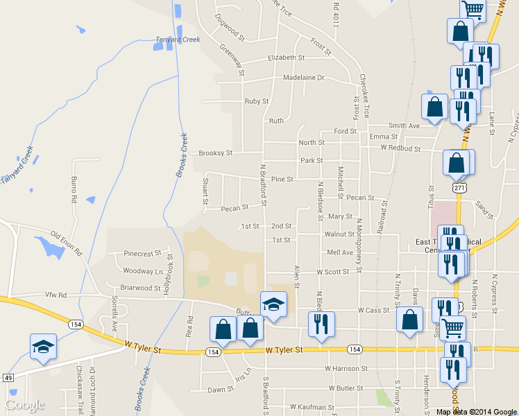 map of restaurants, bars, coffee shops, grocery stores, and more near 816 North Bradford Street in Gilmer