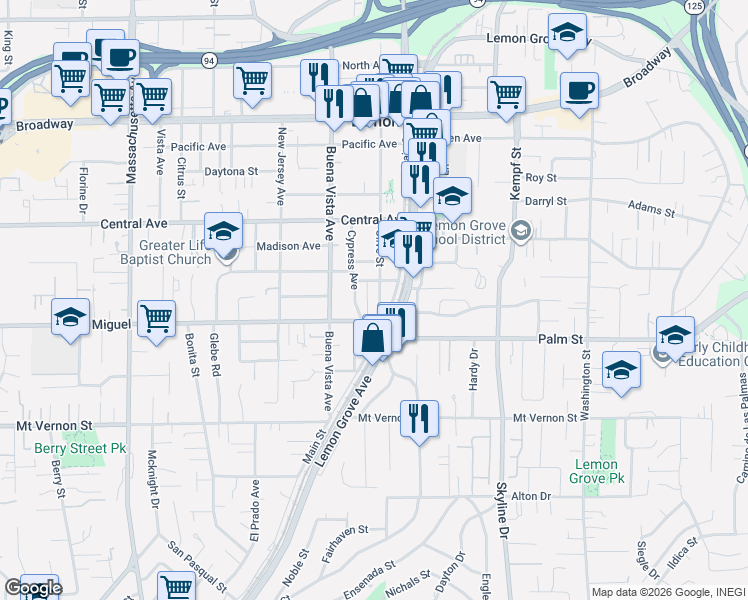 map of restaurants, bars, coffee shops, grocery stores, and more near 2807 Cypress Avenue in Lemon Grove