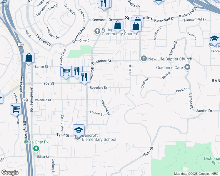 map of restaurants, bars, coffee shops, grocery stores, and more near 9105A Rosedale Drive in Spring Valley