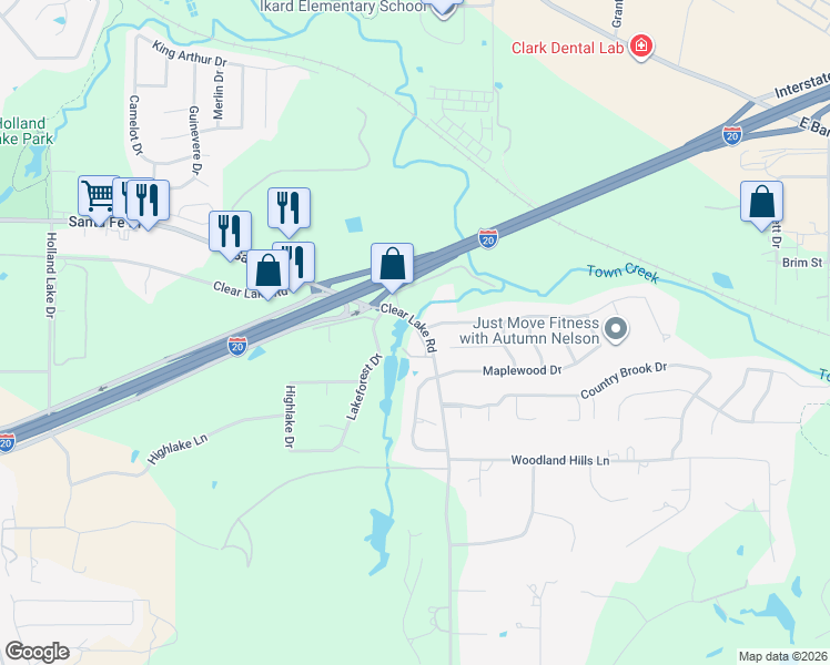 map of restaurants, bars, coffee shops, grocery stores, and more near 2120 Clear Lake Road in Weatherford