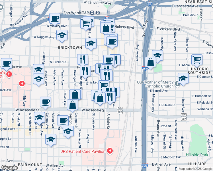 map of restaurants, bars, coffee shops, grocery stores, and more near 810 S Main St in Fort Worth
