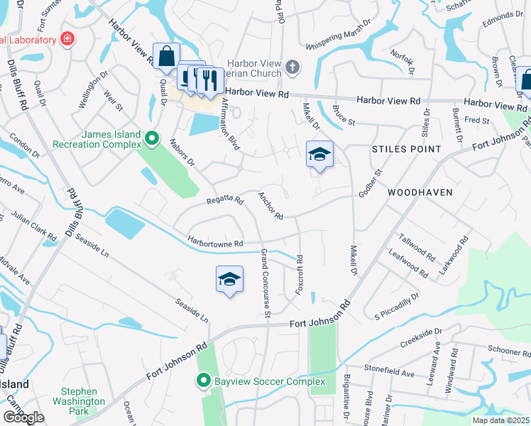 map of restaurants, bars, coffee shops, grocery stores, and more near 973 Anchor Road in Charleston