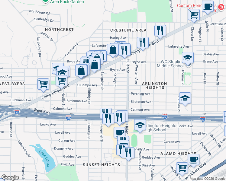 map of restaurants, bars, coffee shops, grocery stores, and more near 2412 Kenley Street in Fort Worth