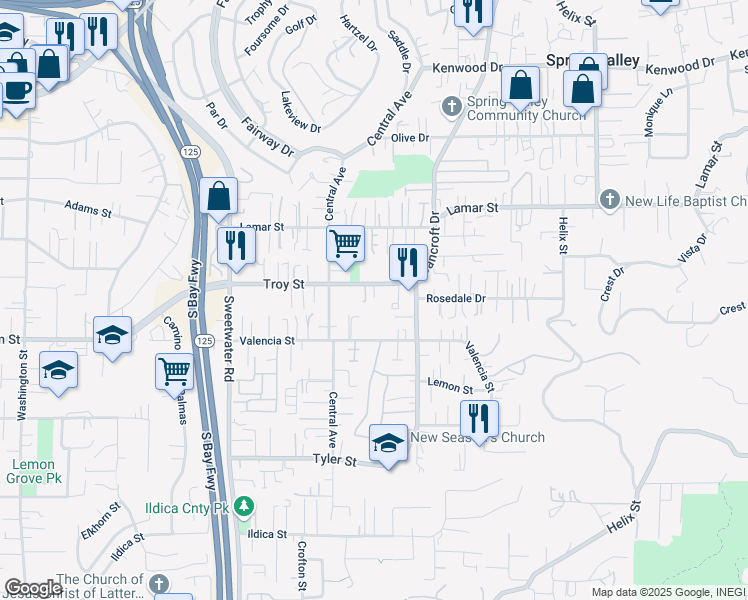 map of restaurants, bars, coffee shops, grocery stores, and more near 8839 Troy Street in Spring Valley