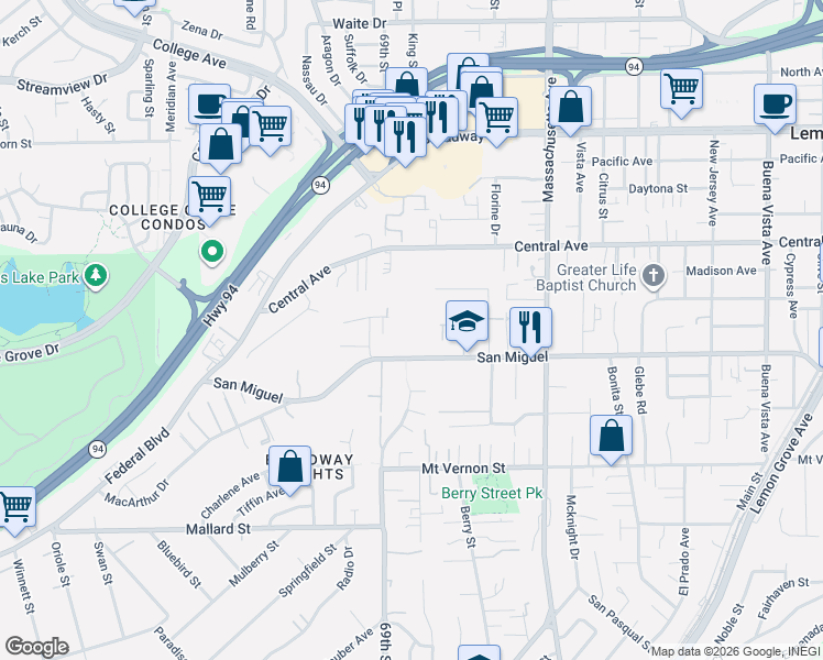 map of restaurants, bars, coffee shops, grocery stores, and more near 6970 San Miguel in Lemon Grove