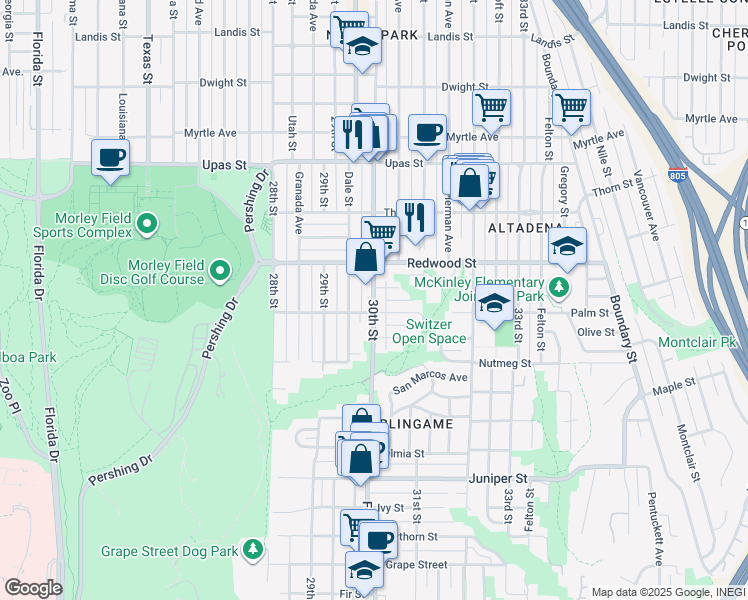 map of restaurants, bars, coffee shops, grocery stores, and more near in San Diego