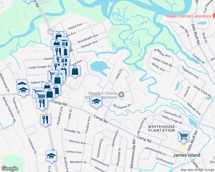 map of restaurants, bars, coffee shops, grocery stores, and more near 107 Oyster Point Row in Charleston
