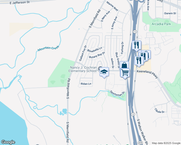 map of restaurants, bars, coffee shops, grocery stores, and more near 6120 Keeneland Parkway in Dallas