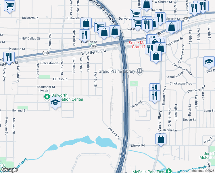 map of restaurants, bars, coffee shops, grocery stores, and more near 510 Southwest 14th Street in Grand Prairie