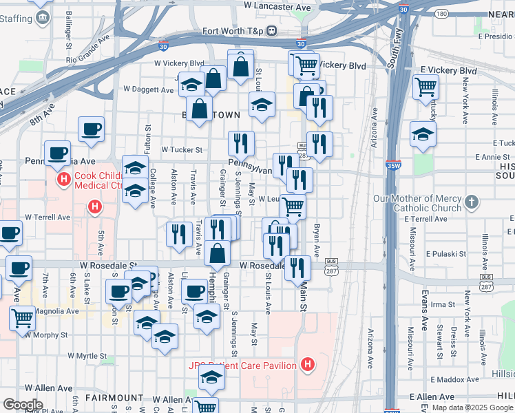 map of restaurants, bars, coffee shops, grocery stores, and more near 815 May Street in Fort Worth