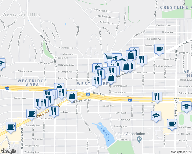 map of restaurants, bars, coffee shops, grocery stores, and more near 5308 Pershing Avenue in Fort Worth