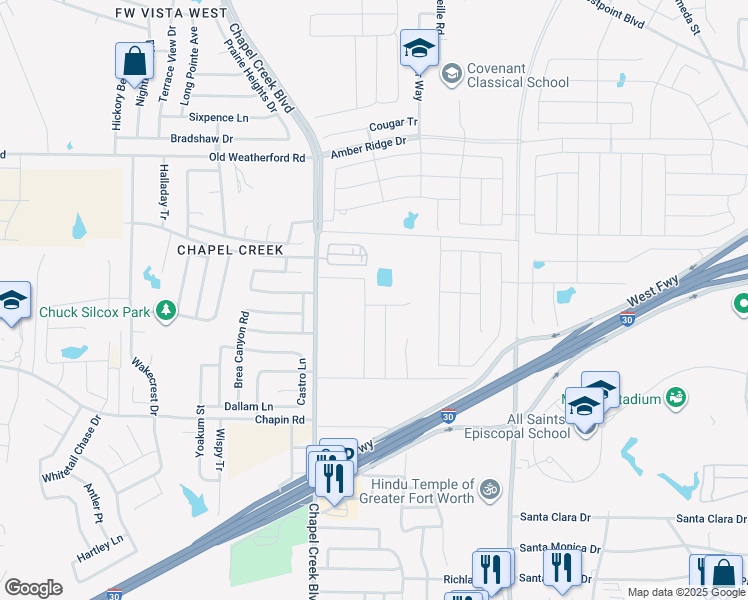 map of restaurants, bars, coffee shops, grocery stores, and more near 10100 West Freeway in Fort Worth