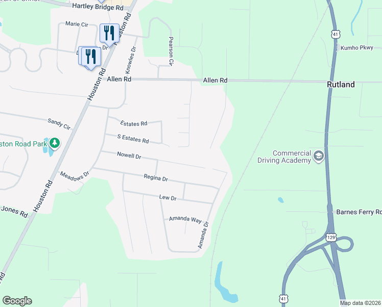map of restaurants, bars, coffee shops, grocery stores, and more near 350 Browning Pointe Road in Macon
