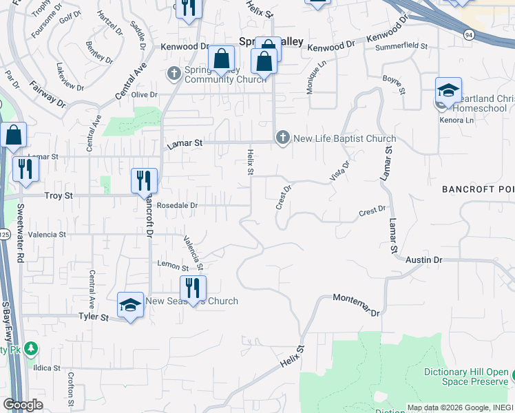 map of restaurants, bars, coffee shops, grocery stores, and more near 2901 Helix Street in Spring Valley