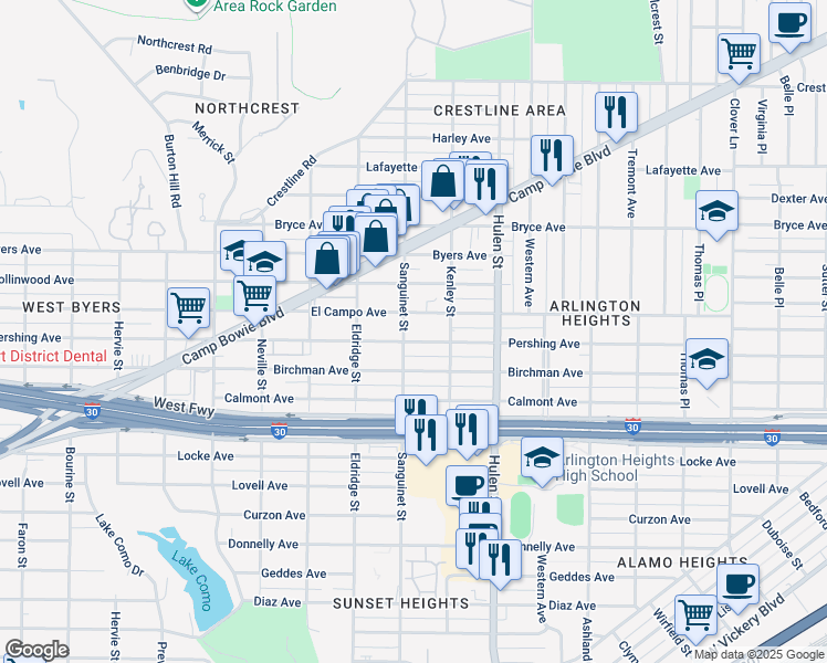 map of restaurants, bars, coffee shops, grocery stores, and more near 4718 Pershing Avenue in Fort Worth
