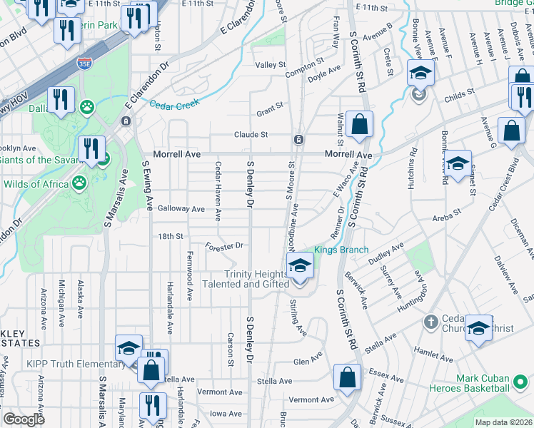 map of restaurants, bars, coffee shops, grocery stores, and more near 1334 Galloway Avenue in Dallas