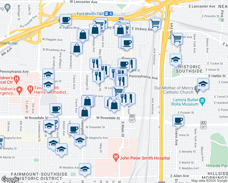 map of restaurants, bars, coffee shops, grocery stores, and more near 812 Galveston Avenue in Fort Worth