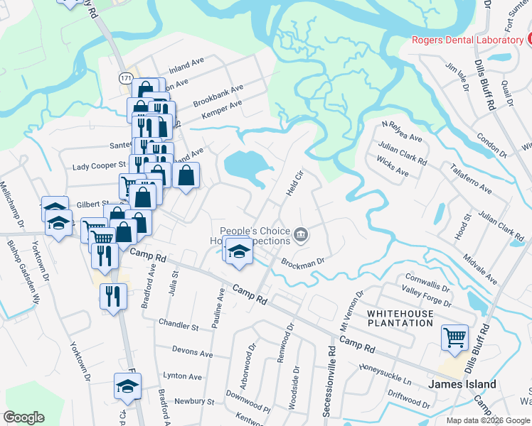 map of restaurants, bars, coffee shops, grocery stores, and more near 107 Oyster Point Row in Charleston