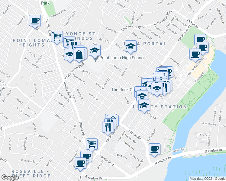 map of restaurants, bars, coffee shops, grocery stores, and more near 2171 Willow Street in San Diego