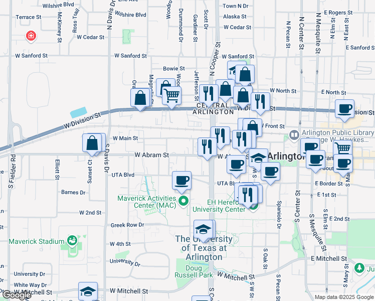 map of restaurants, bars, coffee shops, grocery stores, and more near 715 West Abram Street in Arlington