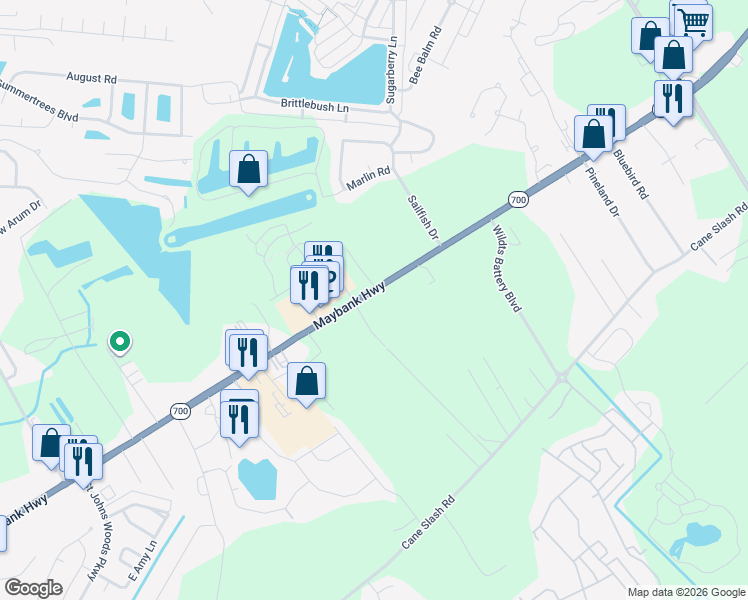 map of restaurants, bars, coffee shops, grocery stores, and more near 3059 Maybank Highway in Johns Island