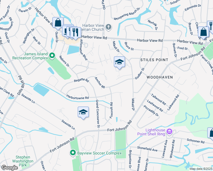map of restaurants, bars, coffee shops, grocery stores, and more near 988 Anchor Road in Charleston