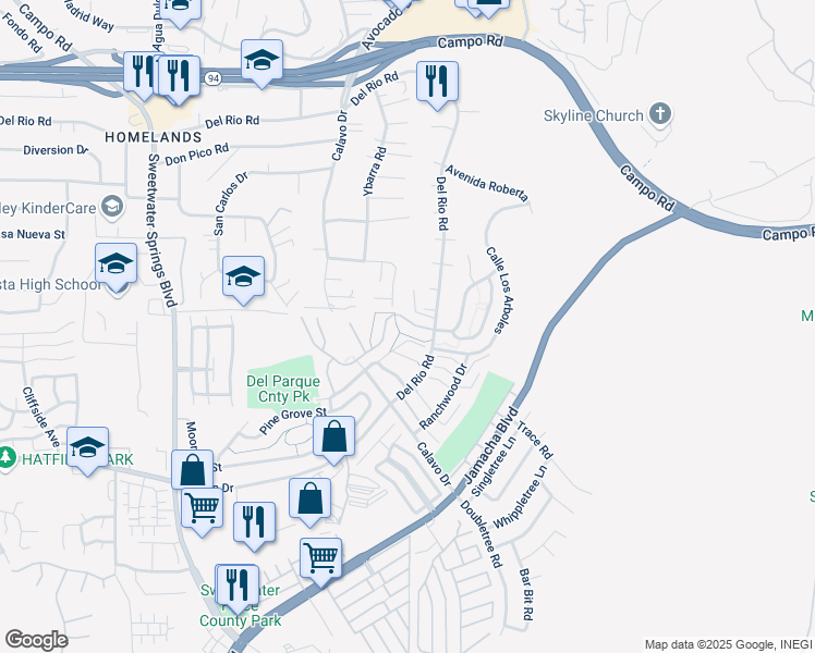 map of restaurants, bars, coffee shops, grocery stores, and more near 10723 Villa Bonita in Spring Valley
