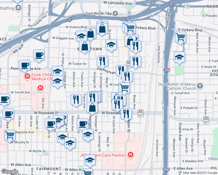 map of restaurants, bars, coffee shops, grocery stores, and more near 815 May Street in Fort Worth