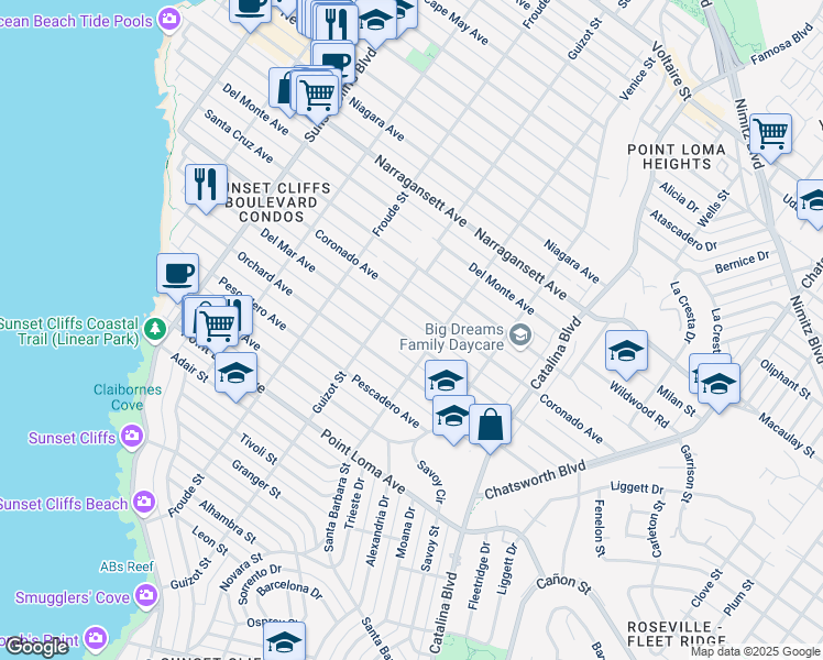map of restaurants, bars, coffee shops, grocery stores, and more near 4451 Del Mar Avenue in San Diego