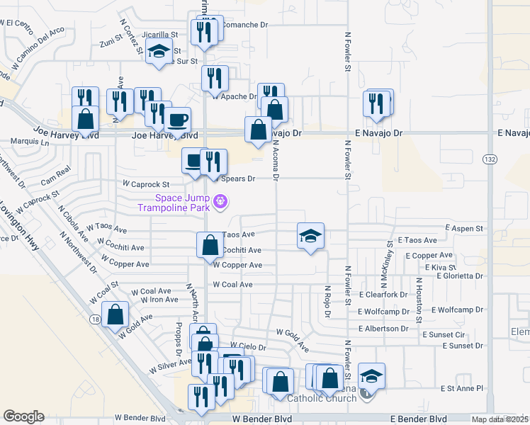 map of restaurants, bars, coffee shops, grocery stores, and more near 418 West Kiowa Avenue in Hobbs