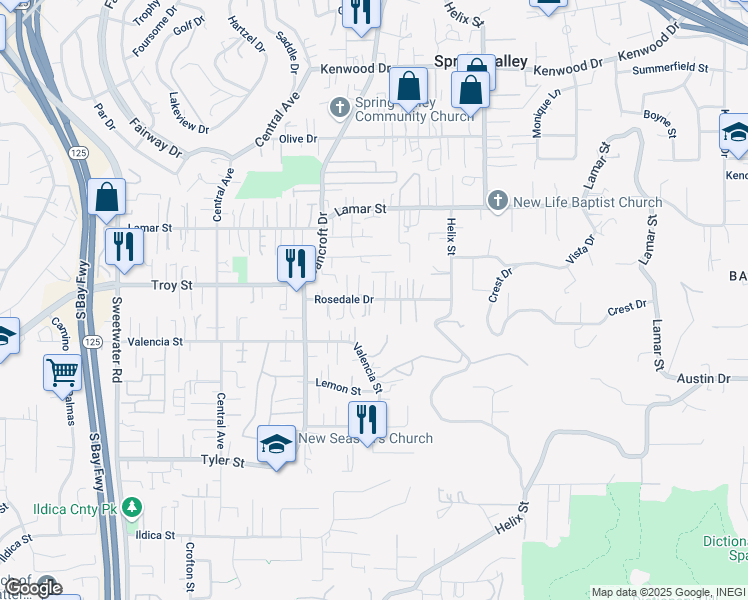map of restaurants, bars, coffee shops, grocery stores, and more near 9105A Rosedale Drive in Spring Valley