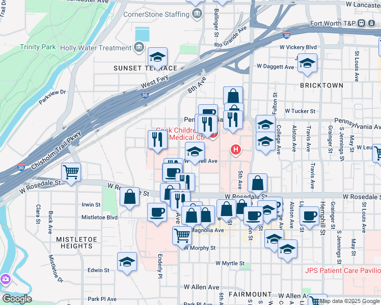 map of restaurants, bars, coffee shops, grocery stores, and more near 1521 Cooper Street in Fort Worth