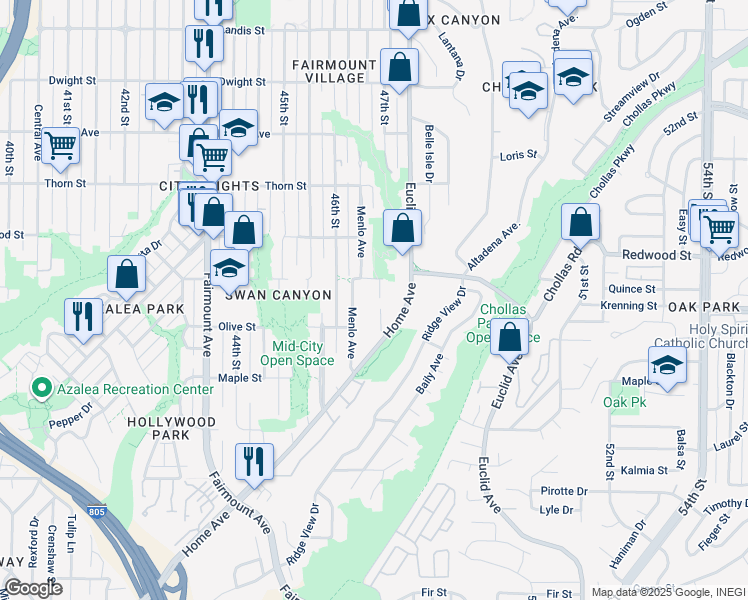 map of restaurants, bars, coffee shops, grocery stores, and more near 2894 47th Street in San Diego